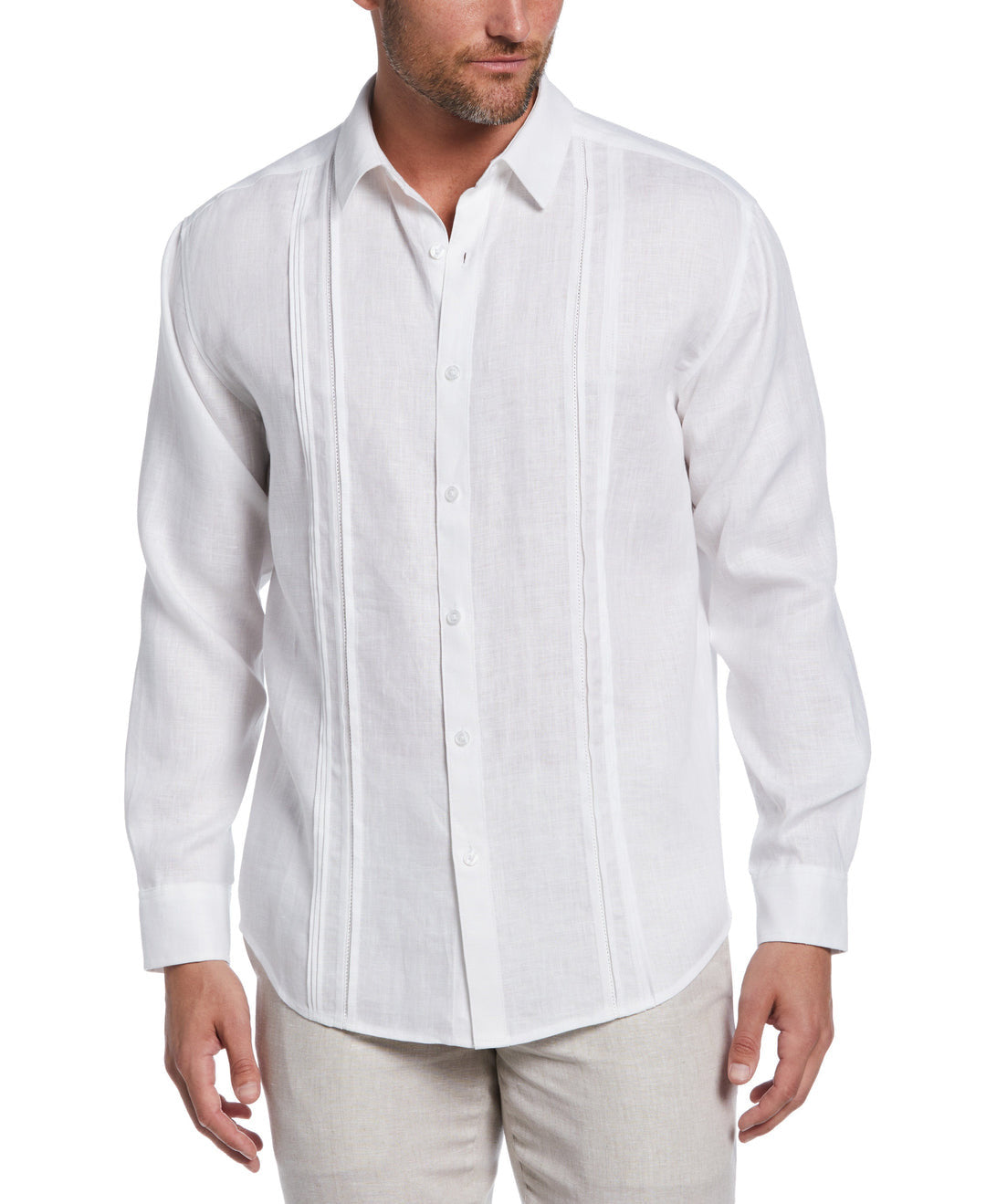 LINEN EMBROIDERED TUCK PANEL GUAYABERA SHIRT