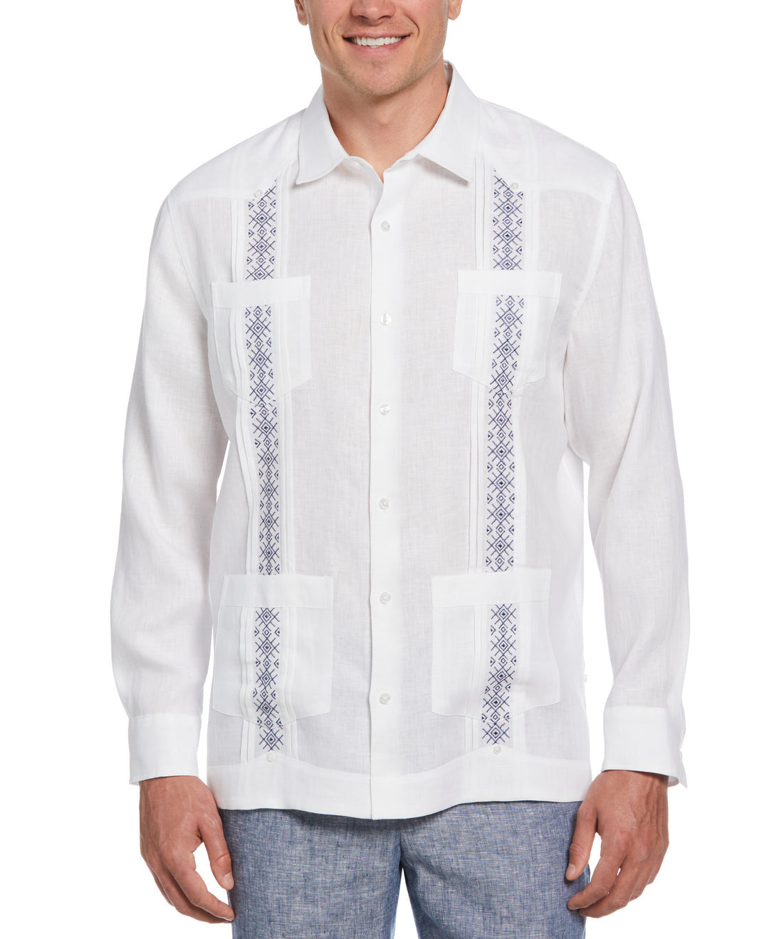 SOLID LINEN GUAYABERA SHIRT WITH CONTRAST EMBROIDERY